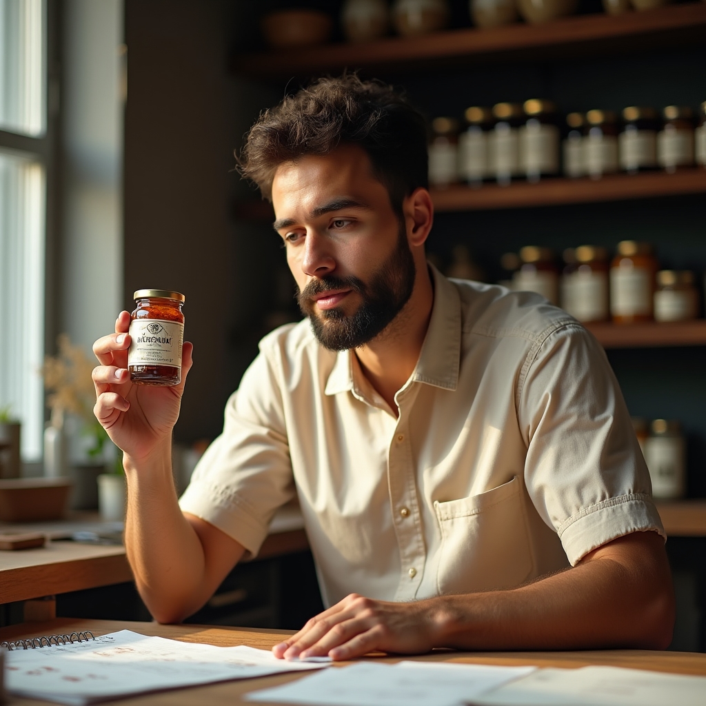 Artesano revisando etiquetado de producto alimentario