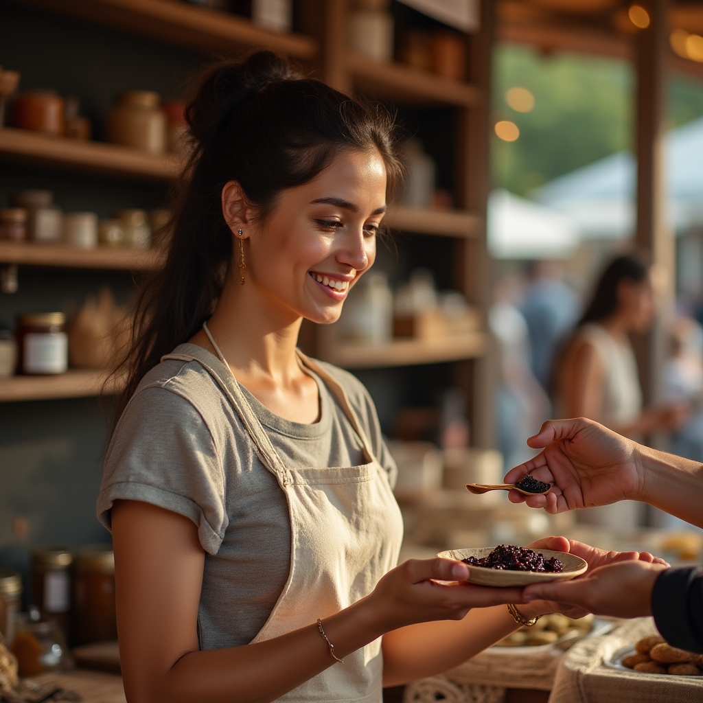 Degustación de productos artesanales en feria gastronómica