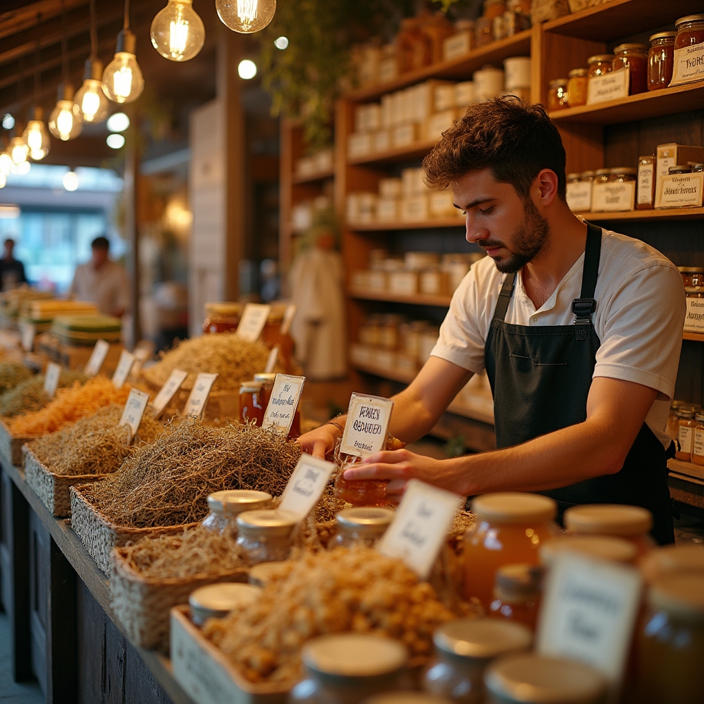 Puesto de productos artesanales en mercado de abastos